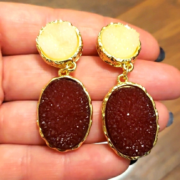 New Gold Druzy Quarts Stones Drop Earrings - Picture 3 of 7